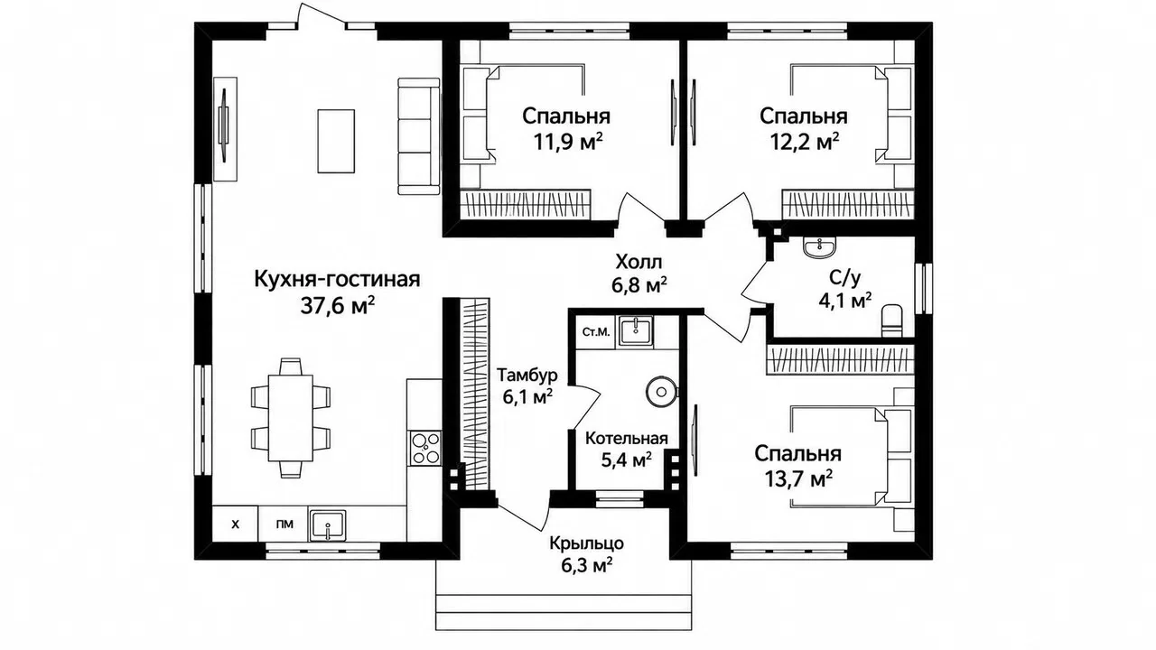 Планировка дома № 695: кухня-гостиная 37,6 м², три спальни, санузел, котельная, тамбур, холл